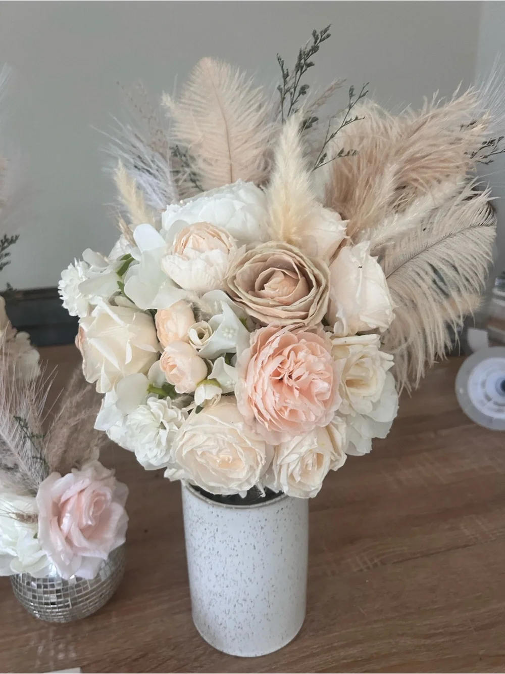 Handmade bride wedding bridal Bouquets white ivory boho neutral linen feathers